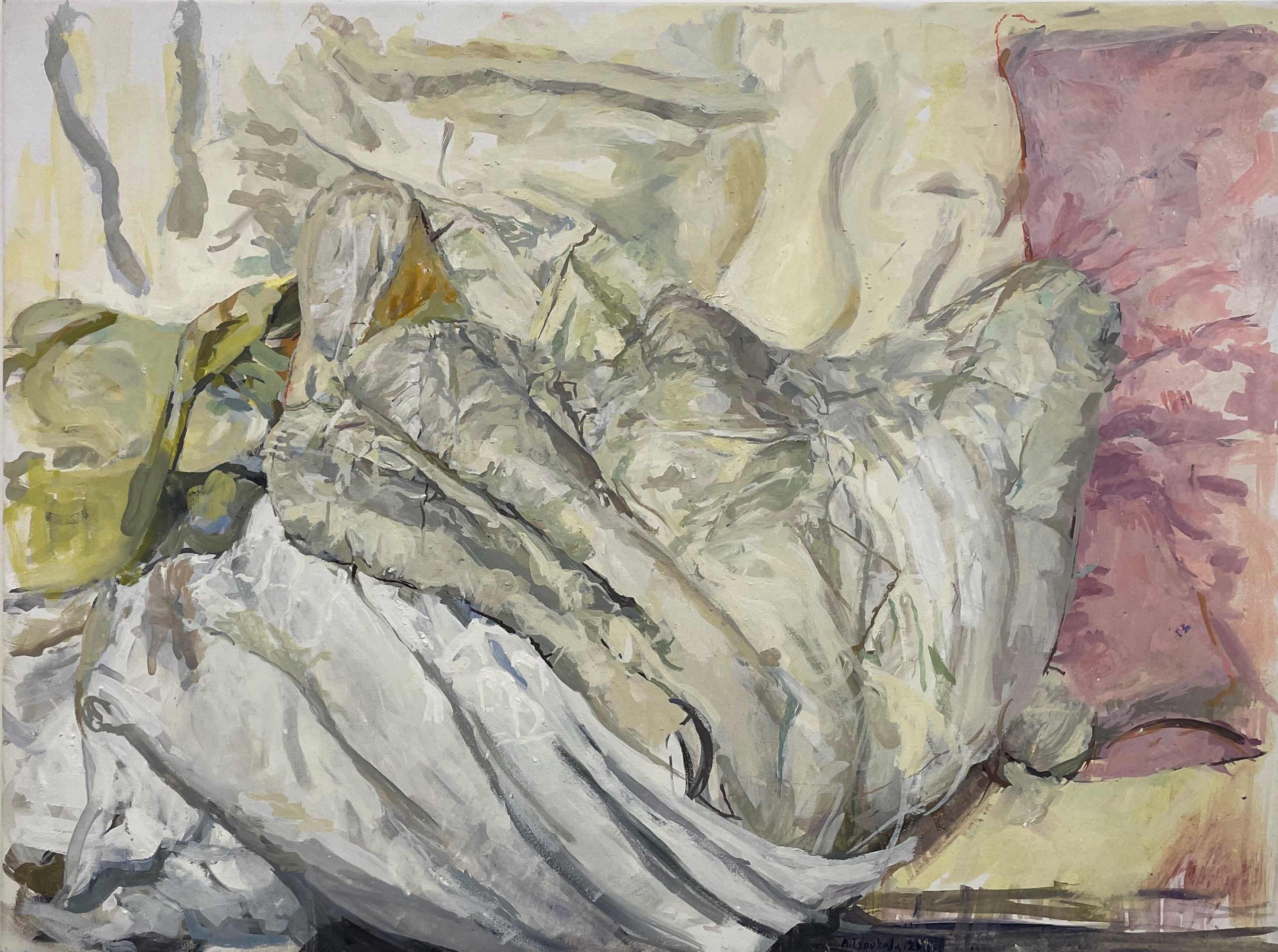 Bed, 2021 Egg tempera on canvas, 80 x 60 cm