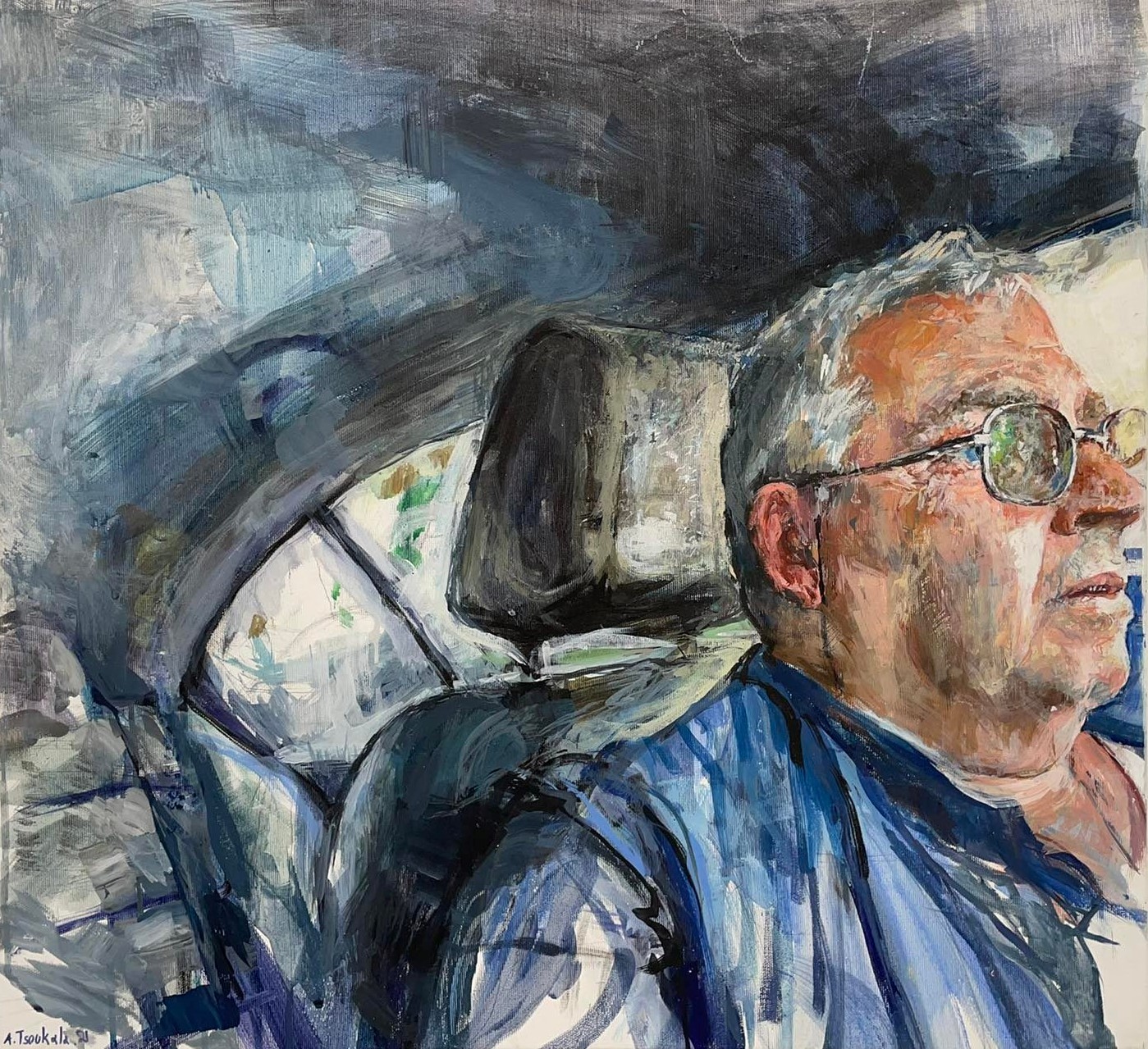 The taxi driver, 2021 Egg tempera on canvas 65 x 60 cm
